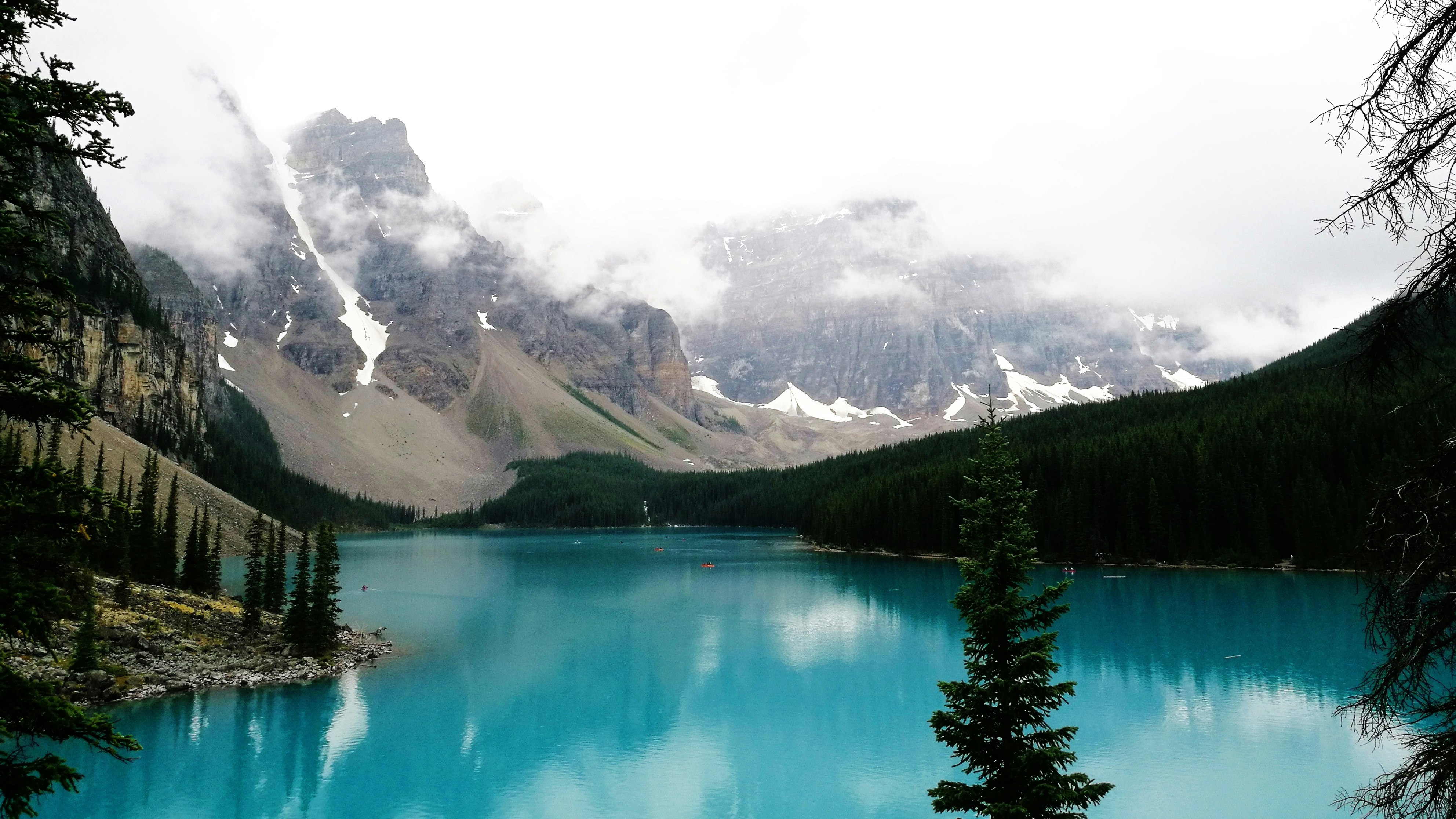 photo of body of water between trees and mountain